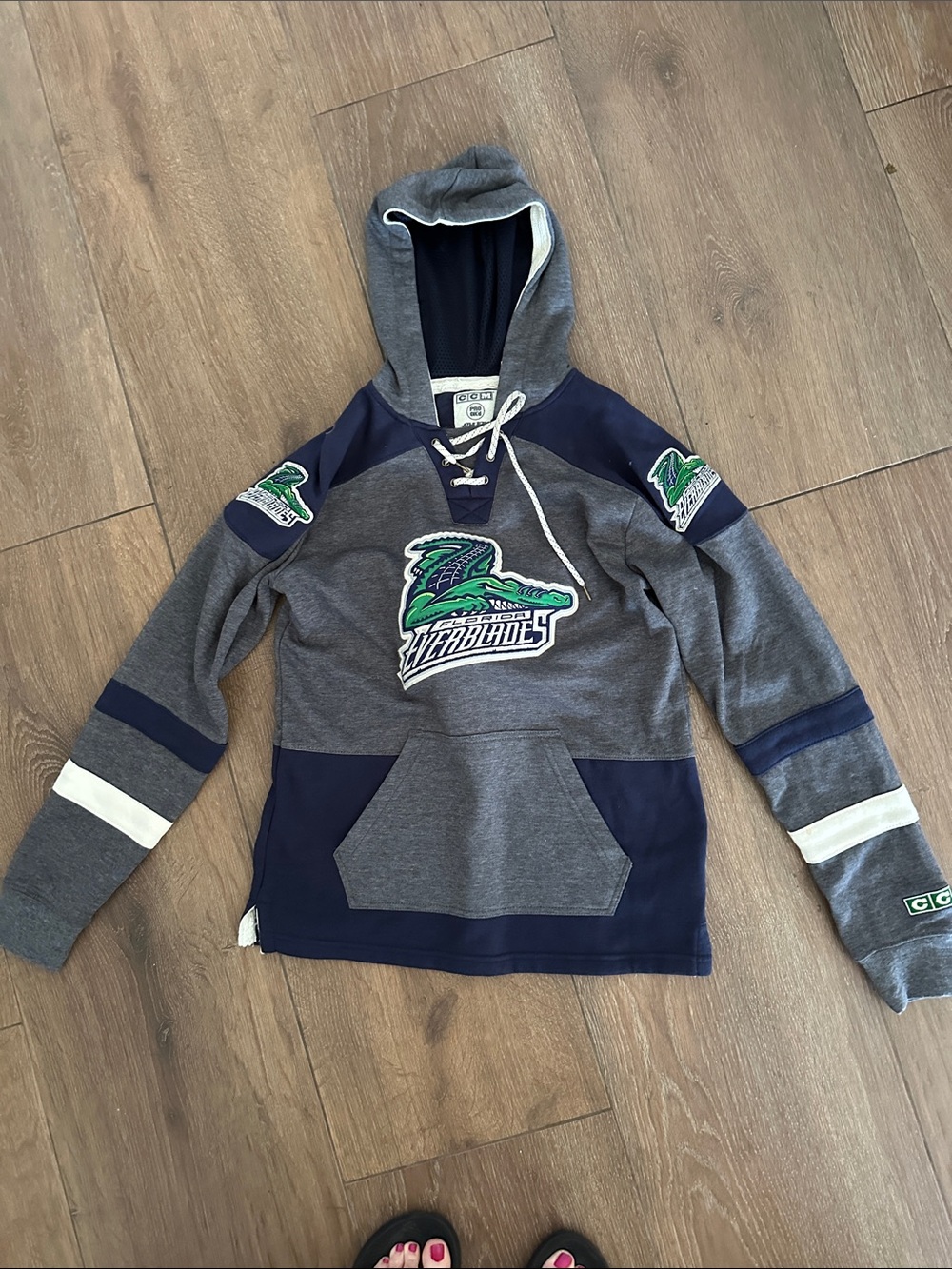 CCM Grey & Navy Kids Hooded Sweatshirt with Logo. Size S
